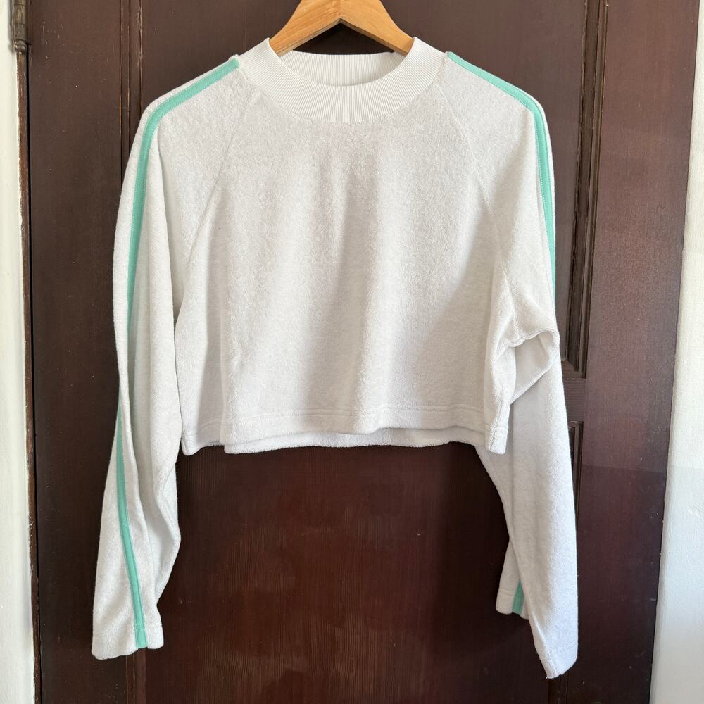 L*SPACE | White Terry Cloth Crew Neck Crop Top with wide sleeves | Small